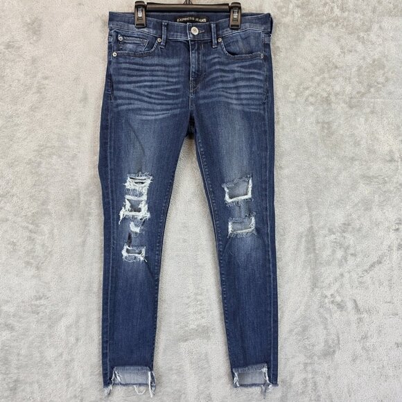 Express Jeans Ankle Legging Womens 6R Mid Rise Distressed Frayed Hem Stretch Den - Picture 1 of 10